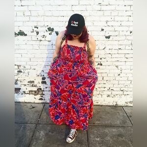 Terra and Sky Tropical Floral Maxi Dress with Pockets, 0X, 14W